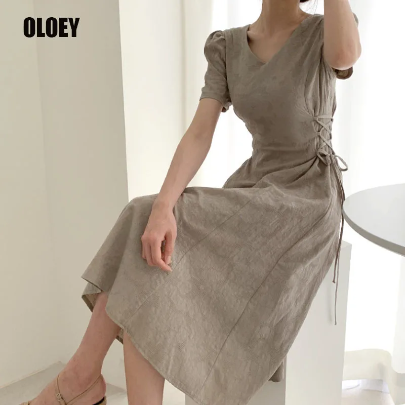 

2021 Summer Vintage Loose Women Dress Office Lady Long Korean Dresses Elegant V-Neck Slim Waist Dress Cotton Linen Dress