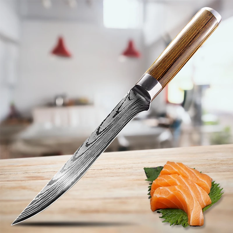 

Boning Knife Laser Damascus Fishing Knife Stainless Steel Chef Knife for Meat Bone Fish Fruit Vegetable Kitchen Knife with Cover
