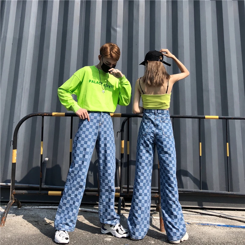 

AltGirl Harajuku Grunge Plaid Jeans Women Streetwear Dark Gothic Emo Alt High Waist Loose Straight Trousers Y2k Vintage Pants