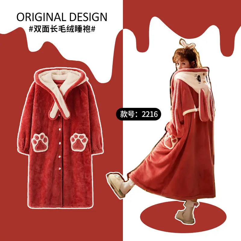Autumn Winter Facecloth Robe Bathrobe Nightgown Female Thickened Plus Velvet Coral Velvet Medium-length Pajamas Cute Home Wear