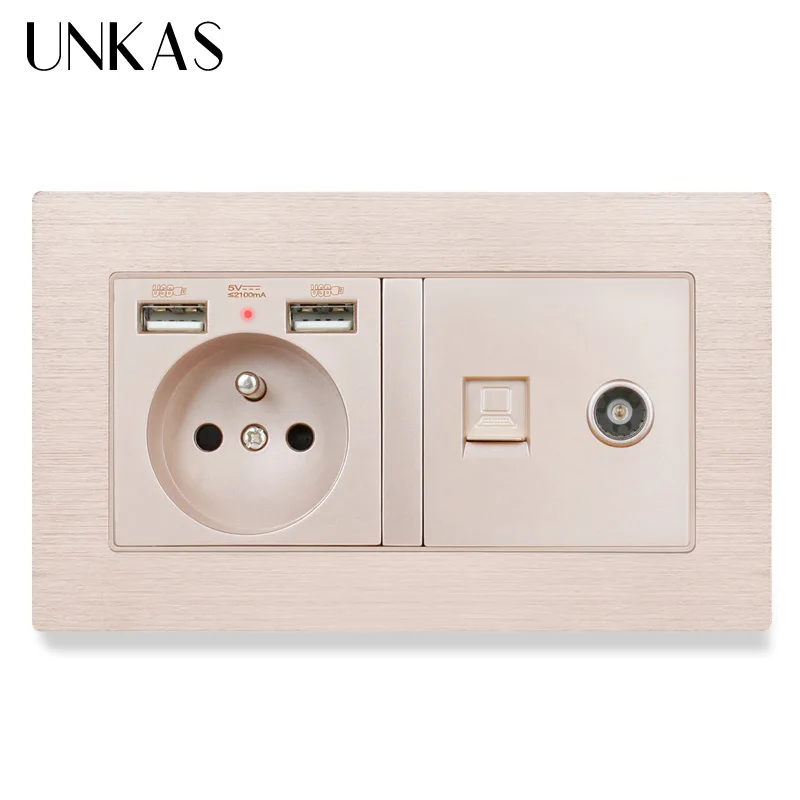 UNKAS алюминиевая панель матовая французская стандартная розетка с двумя USB
