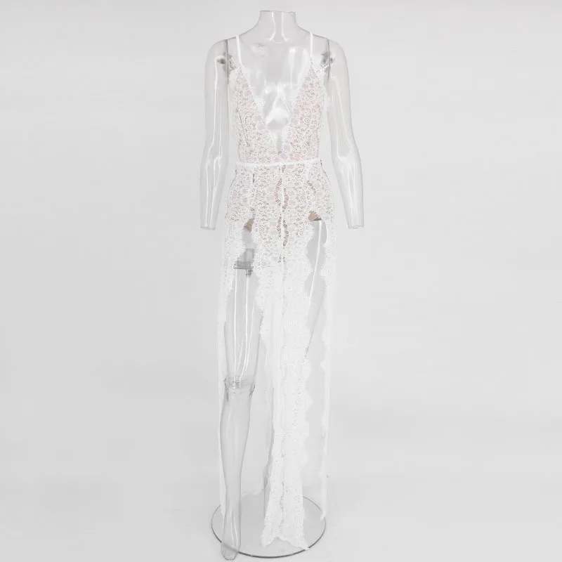 Женское кружевное платье с разрезом повседневное осеннее макси глубоким v