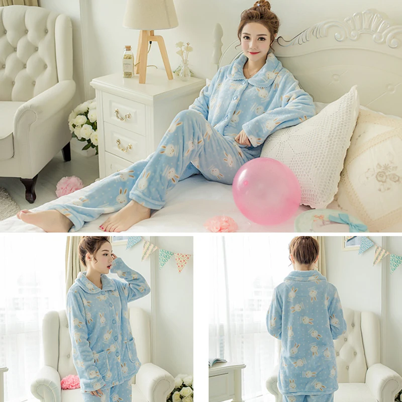 

Women Flannel Pajamas Set Pajamas Winter Warm Foral Fleece Sleepwear 2piece/Set Soft FEA889