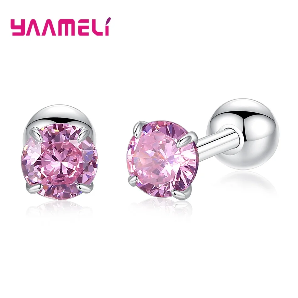 

Blue Green White Pink Crystal Round Small Stud Earrings Wedding 925 Silver Earring For Women Girls Fine Jewelry Gift