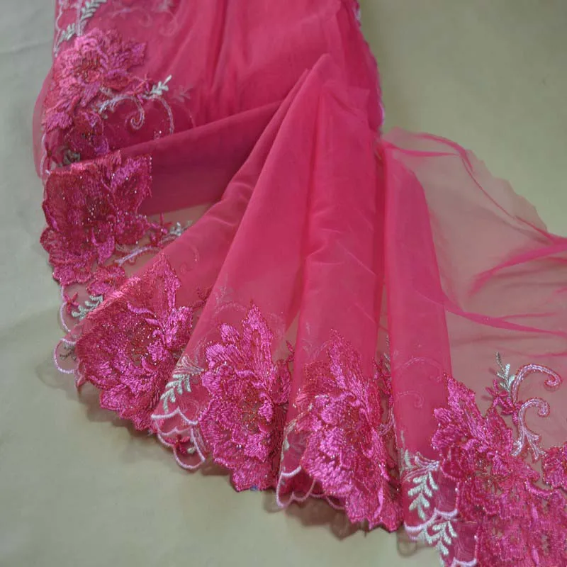 

13Meters Mesh Embroidery Lace Fabric Rose Red Embroidered Lace Trims Lingerie Bra Dress Sleeve Curtain Decoration DIY 22cm Width