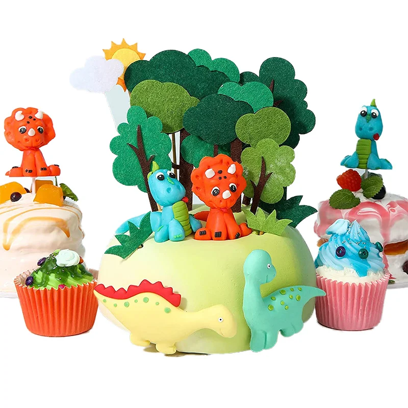 

16pcs Dino Birthday Cake Topper Set Dinosaur Party Decoration For Kids Jurassic World Supplies Forest Series Cupcake Baby Shower
