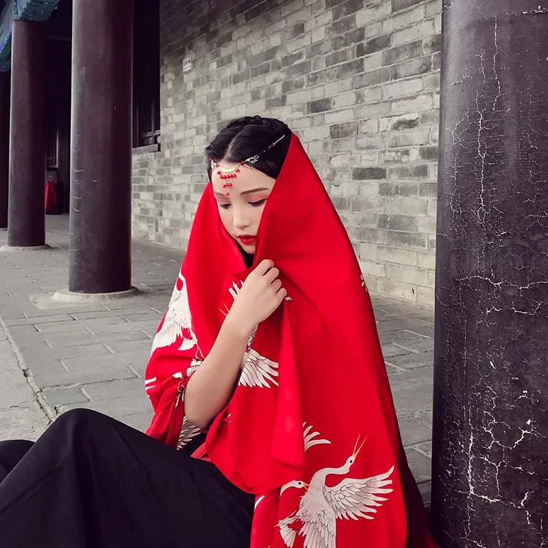

Ethnic Style Crane Print Red Scarf Women Soft High-end Cotton Spring Thin Sunscreen Shawl Ladies Elegant Scarf Wholesale