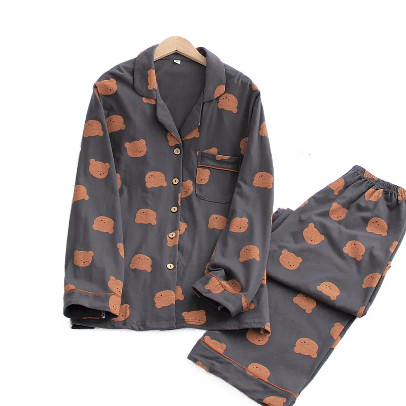 

Knitted Cotton Long-sleeved Long Trousers Pajamas Suit for Home Ladies and Men Spring and Autumn Home Printing Kawaii Pajamas