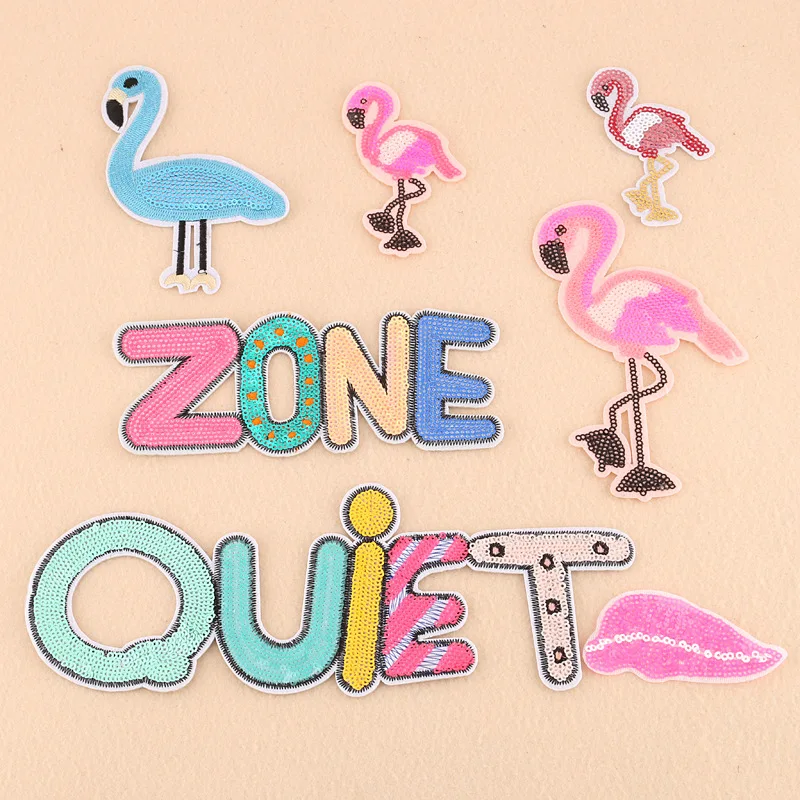 

50pcs/lot Sequins Embroidery Patches Letters Clothing Decoration Accessories Pink Flamingo Zone Diy Iron Heat Transfer Applique