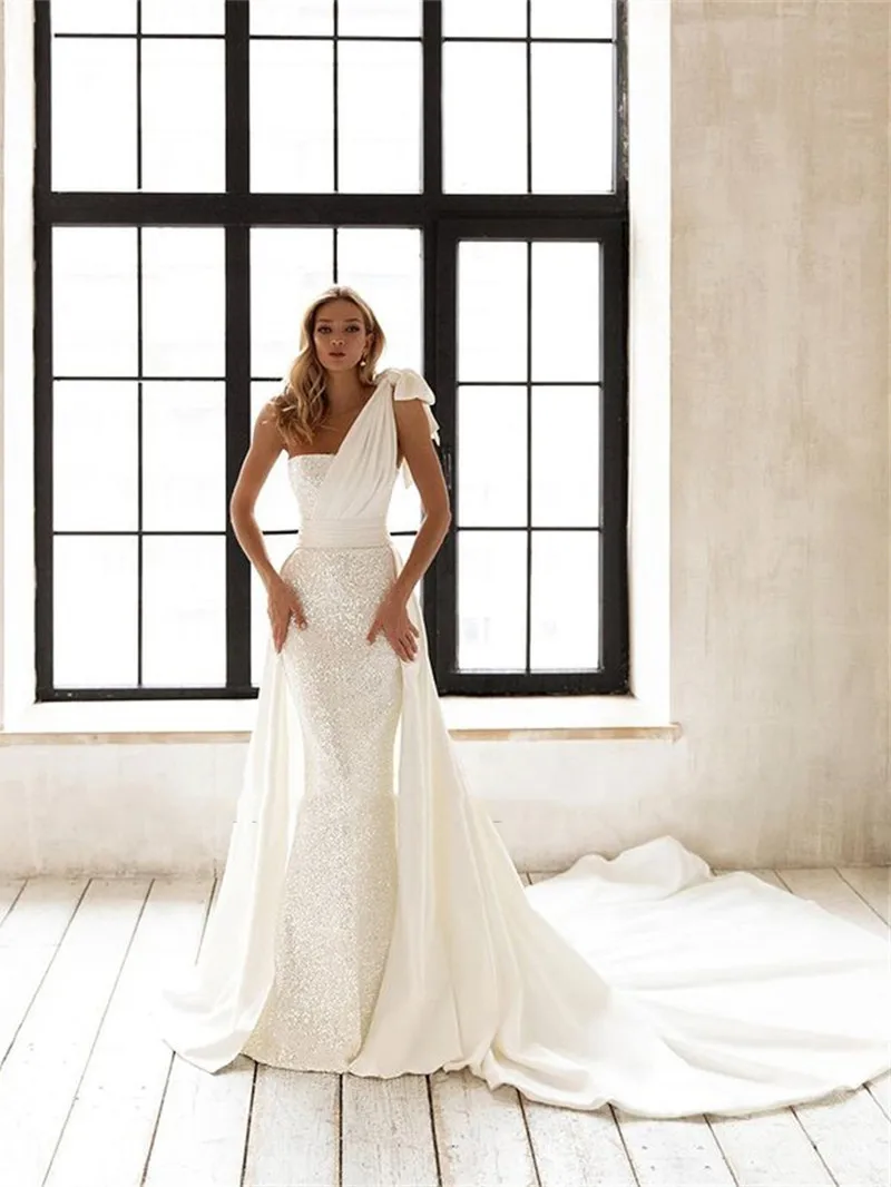 

Mermaid Wedding Dresses Bow Satin Two In One Removable Sequins Bridal Dresses Princess Wedding Gowns