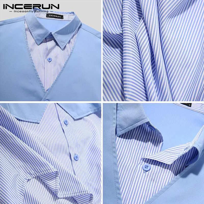 

Fashion Men Shirt Striped Patchwork Lapel Long Sleeve Personality Button Camisas Streetwear Loose Casual Shirts S-5XL INCERUN
