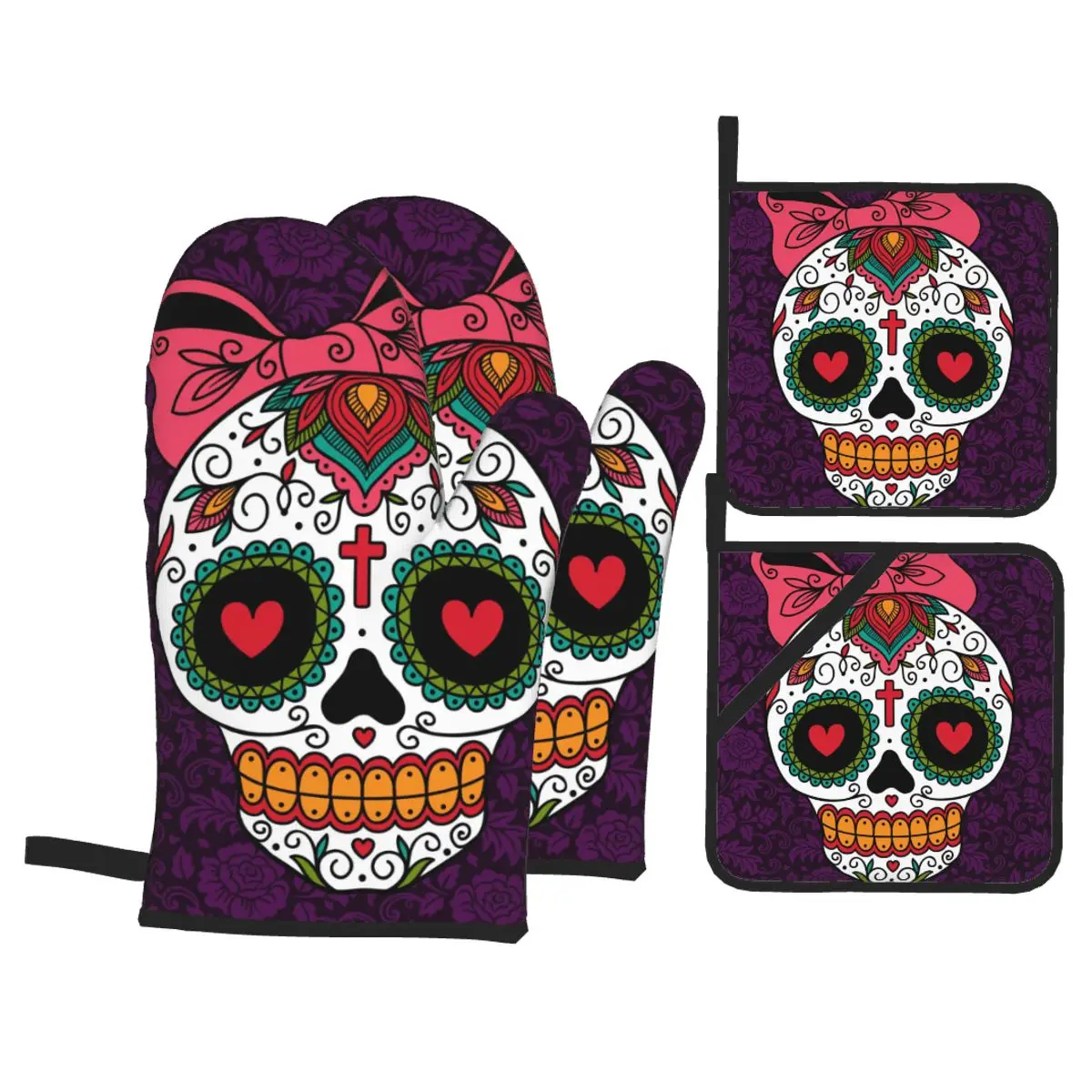 

4pcs Kitchen Gloves Insulation Pad Cooking Microwave Gloves Mexican Sugar Skull Girl Baking BBQ Oven Potholder Pad Oven Mitts