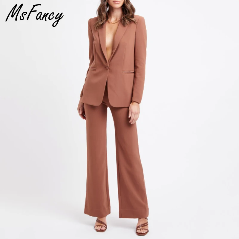 Msfancy коричневый пиджак комплект для женщин 2021 однобортный костюм с высокой