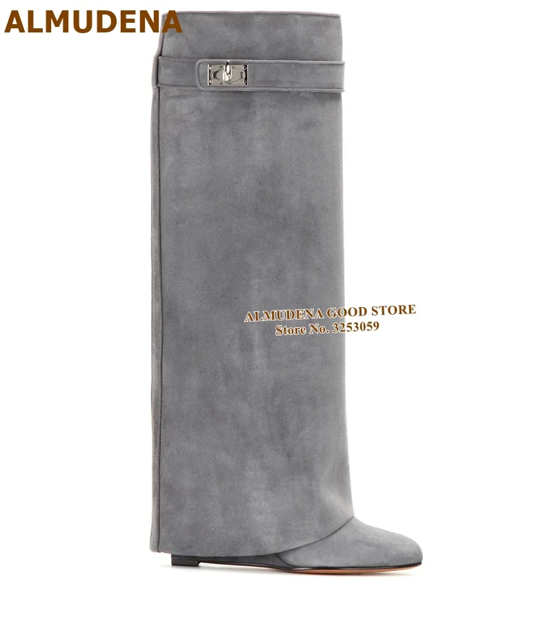 grey suede ALMUDENA/Новые высокие сапоги до колена из замши телесного цвета с замком в виде акулы высокие сапоги на танкетке с металлическим украшением Прямая поставка - Цвет: grey suede
