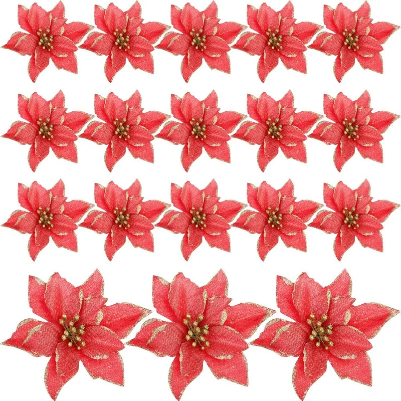 

50 Pack Glitter Poinsettia Christmas Tree Ornaments Artificial Silk Flowers Picks Decor Wreath Garland Holiday