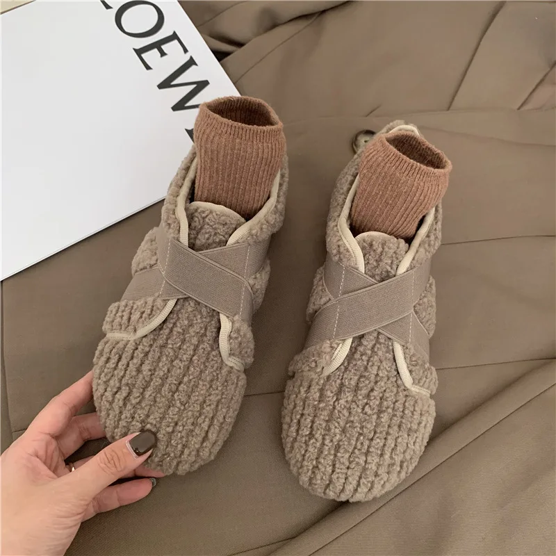 

Cross Elastic band fur flats woman warm winter cotton shoes for women solid plush furry loafers cozy add cashmere moccasins 2021