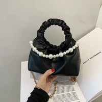 pu leather women designer handbags 2021 girl shoppers purses fashion casual solid color cute pleated pearls chain crossbody bags