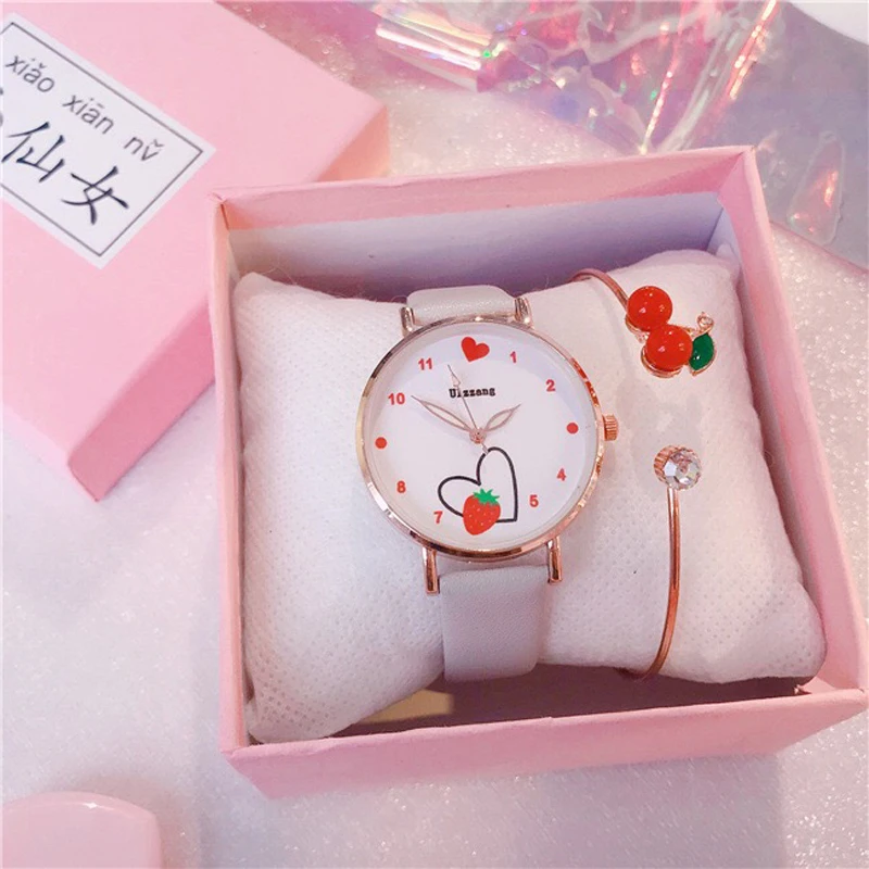 Часы на девочек с рисунками Клубнички люблю детей наручные часы кожаным ремешком