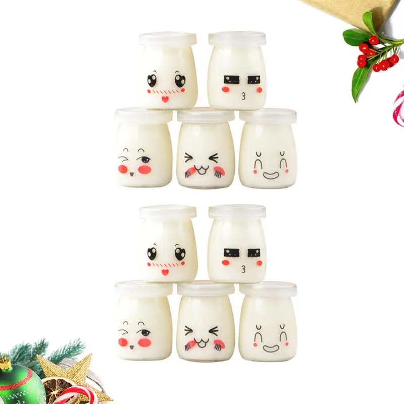 

10PCS Face 100ml Pudding Cups Heat-resistant Glass Jelly Bottles Yogurt Jar Containers (Random Pattern)