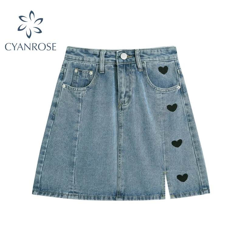 

Женская джинсовая юбка с высокой талией, юбка-трапеция из денима с разрезом и вышивкой в стиле колледжа на лето, 2021