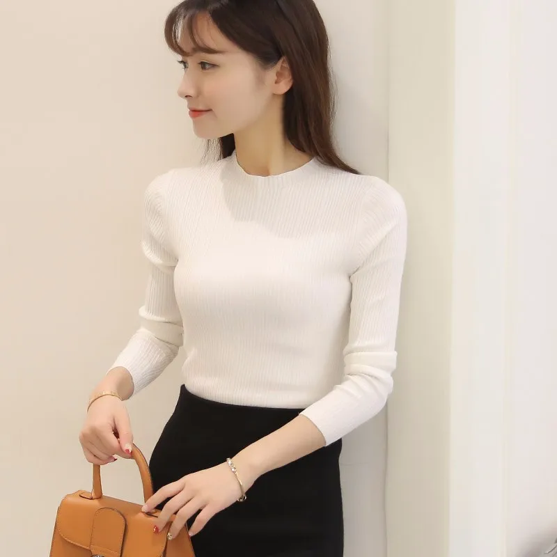 

New High Quality Autumn Winter Women Sweater Pullovers Knitwear Solid Half Turtleneck Long Sleeve Sexy Slim Chandail Femme
