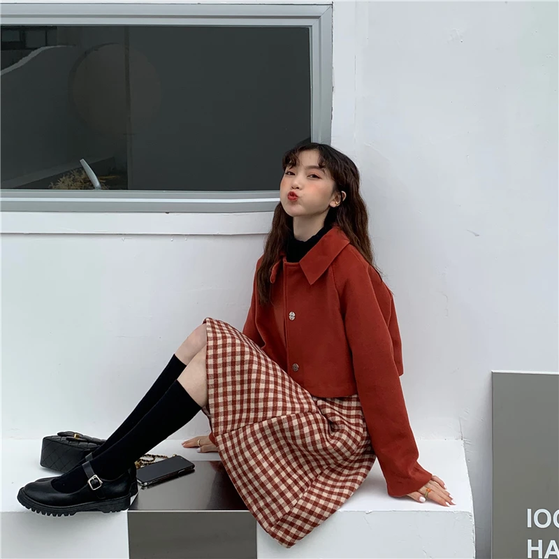 

Женский комплект из двух предметов, длинное клетчатое платье и Короткое шерстяное пальто в винтажном стиле, Осень-зима 2020