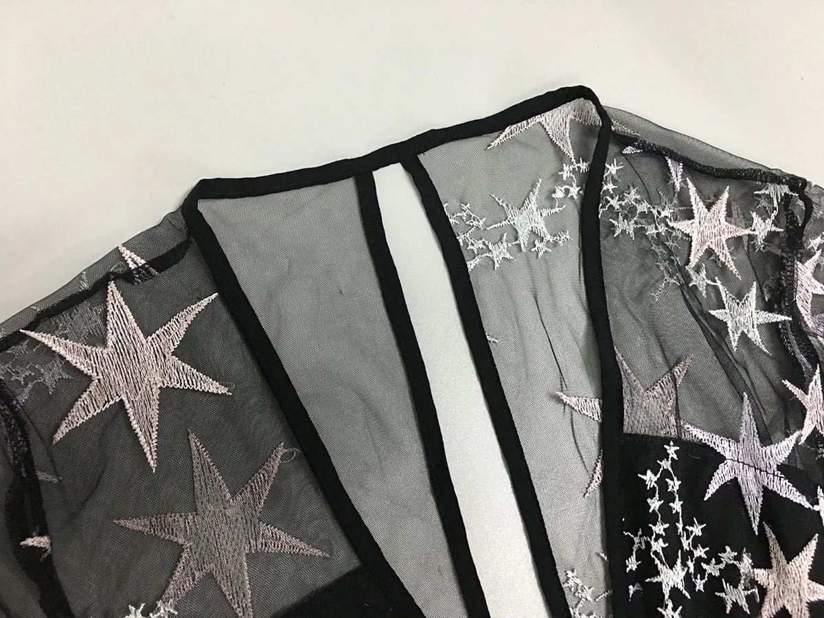 

BacklakeGirls Sexy Deep V Neck Long Sleeves Tulle Black Evening Dress Embroidered Transparent Mesh Dress Abiye Gece Elbisesi