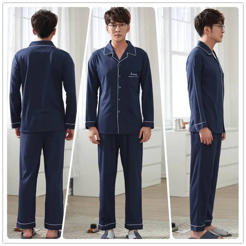 

Men's Pajamas Set Navy Winter Nightgown Long Top & Long Pants Sleepwear Elastic Waist Pajamas for Leisure Home
