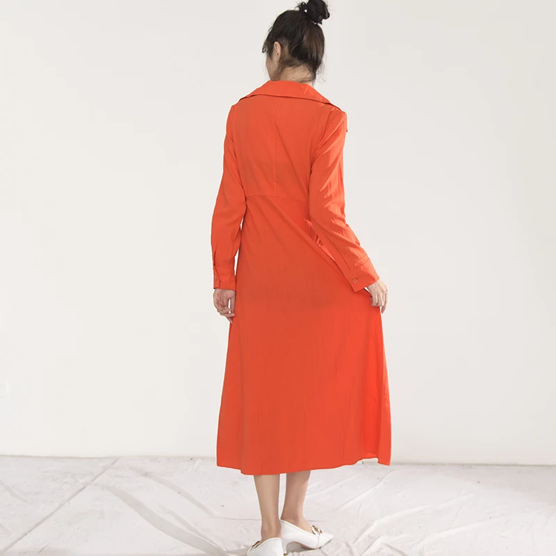 

[EAM] Women Oranged Knot Vent Temperament Dress New V-Neck Long Sleeve Loose Fit Fashion Tide Spring Autumn 2021 1K89215