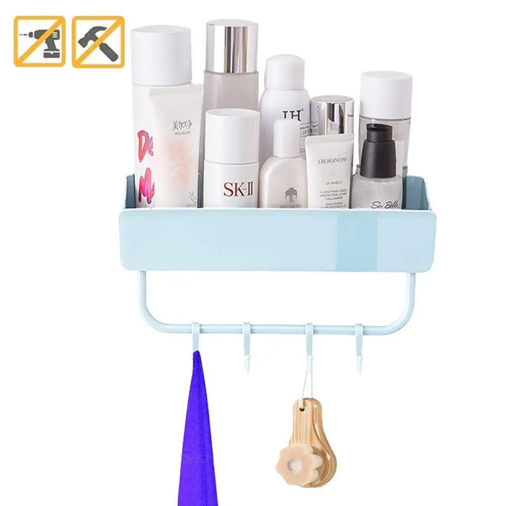 Square light blue Настенный Душ Caddy Полка вешалка-органайзер с крючками Съемная без следов угловая душевая корзина кухня Аксессуары для ванной комнаты - Цвет: Square light blue