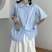 summer short sleeve shirts for women big size oversized loose t shirt blue korean new turn down collar vinatge tops blusa mujer