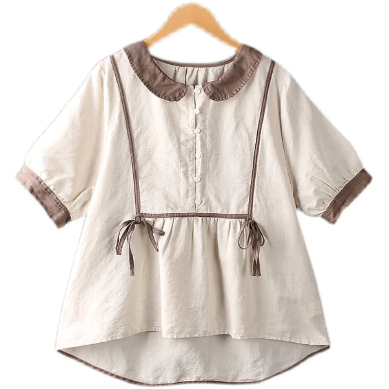 

Summer New Women's Wear Japanese Small Fresh Lapel Casual Top Short Sleeve Daily Wear Tops MDW66