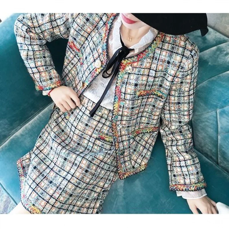 Осенне зимние женские сексуальные Твидовые костюмы модные топы + Юбки Комплекты