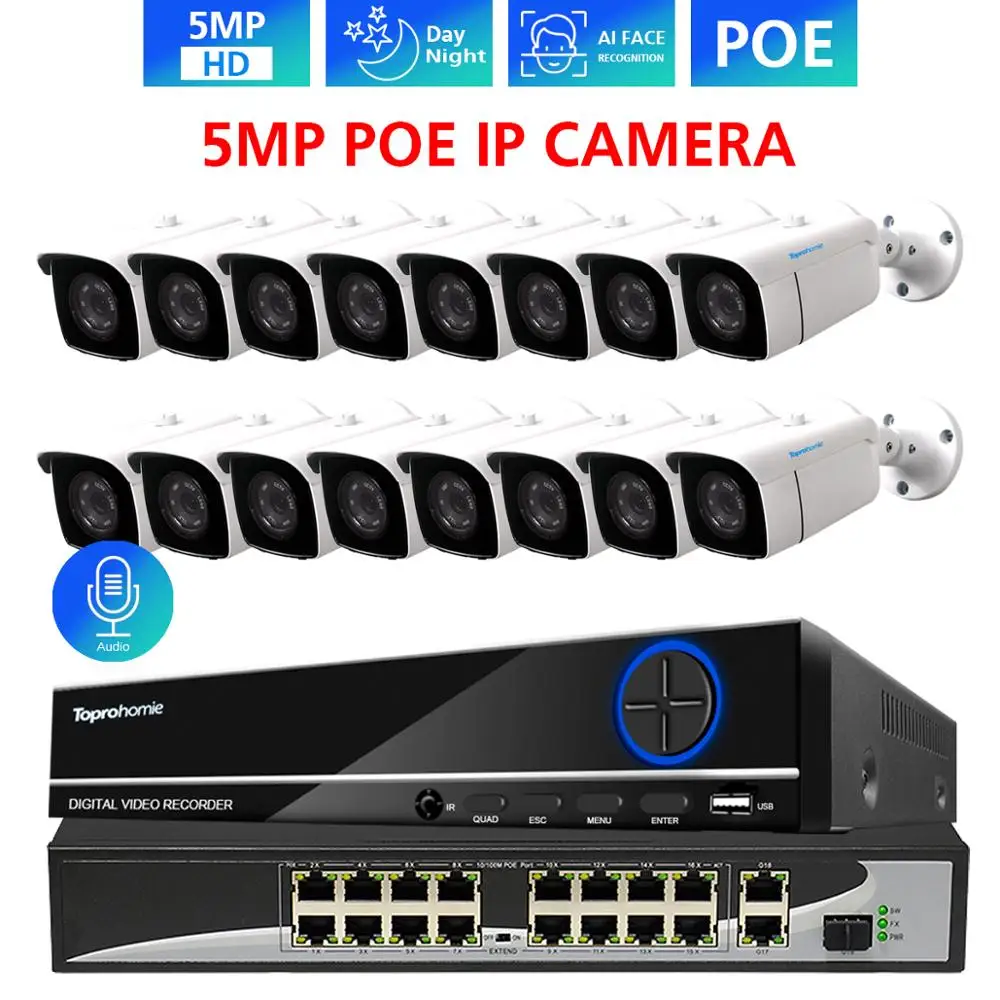 Комплект наружного видеонаблюдения TOPROHOMIE H.265 + 4K 16 каналов 5 МП ии POE NVR 48 В Мп