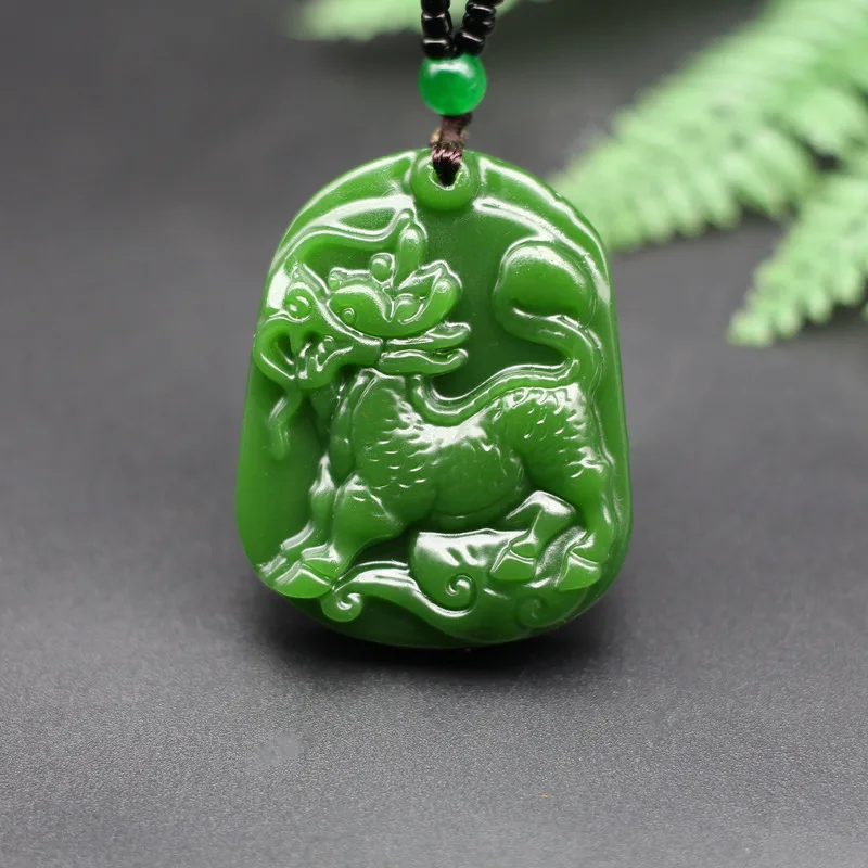 Ожерелье с подвеской в виде дракона из натурального зеленого нефрита и кирина