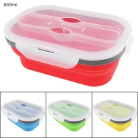 4 colors silicone 800ml scalable folding lunchbox bento box with thickening card buckle and three purpose tableware