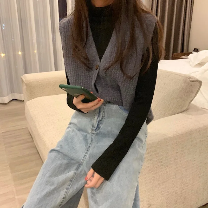

Autumn New Solid Color V-neck Single Breasted Knitted Sweater Vest Loose Leisure Versatile College Lazy Style Sleeveless Women