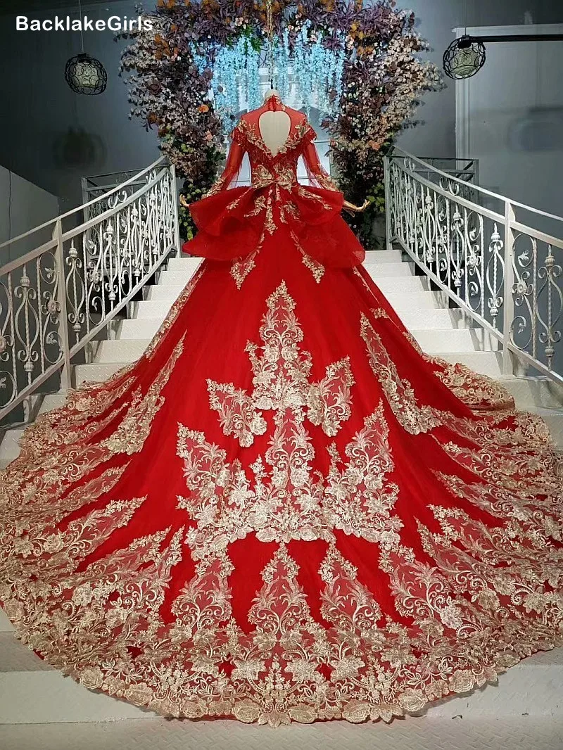 2020 Mariage винтажное красное мусульманское свадебное платье с высоким воротом и