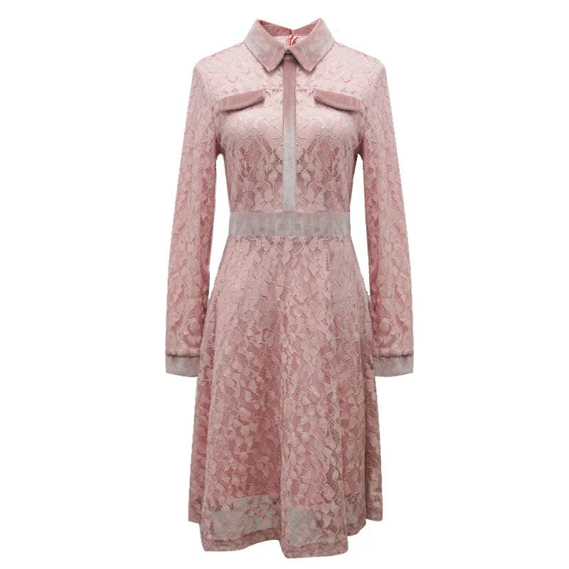 

Pink Lace Dress Autumn 2021 Women's Vintage Turn-down Collar Slim A-line Office Lady Elegant Midi Dress 5XL Plus Size Vestidos