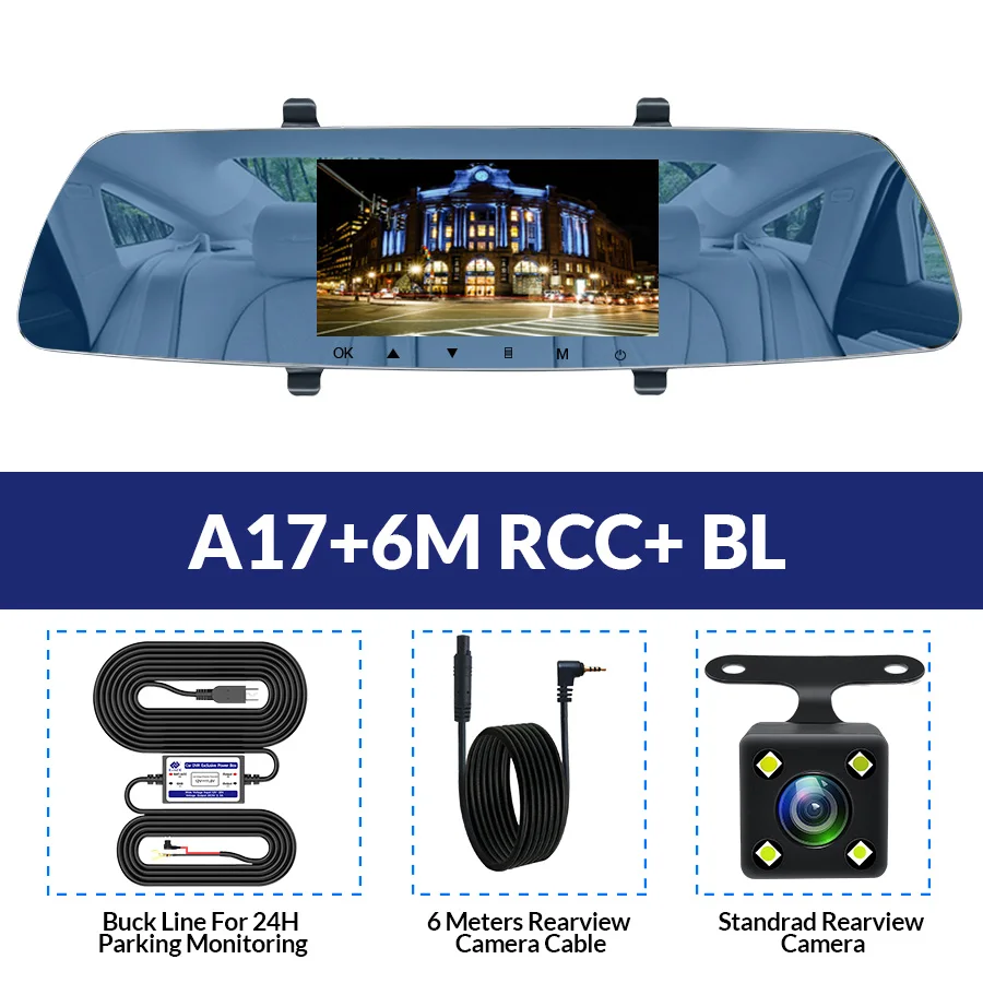 A17-6M RCC-BL E-ACE Автомобильный видеорегистратор FHD 1080P зеркало заднего вида g-сенсор видеорегистратор ночного видения видеорегистратор Двойной объектив Автомобильная камера с объективом заднего вида - Название цвета: A17-6M RCC-BL
