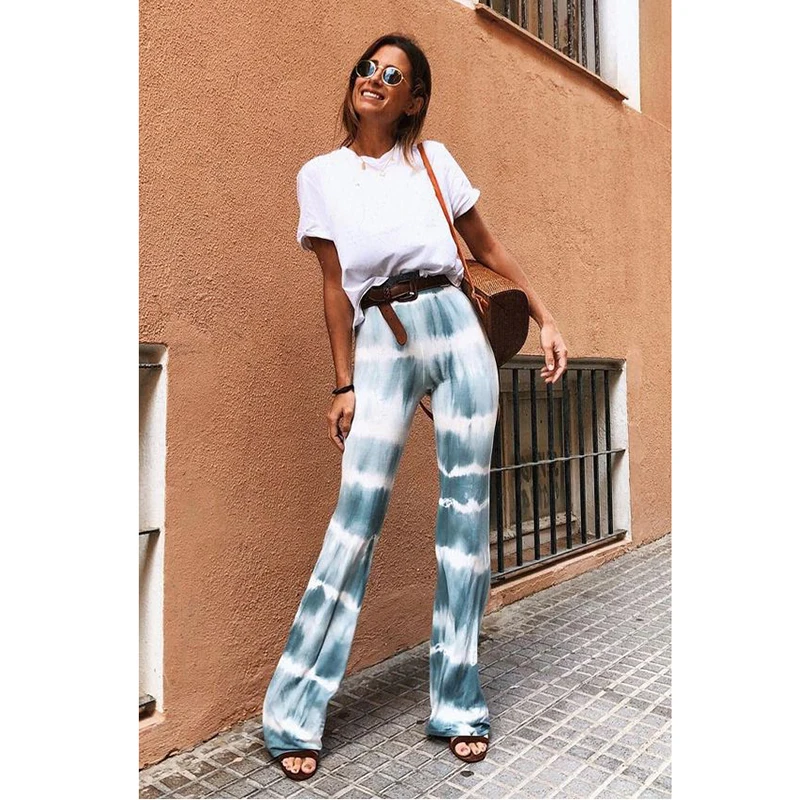 

Tie Dye Flared Pants for Women Fashion Lady High Waist Bell-bottom Trousers Streetwear Female Elastic Waist Pants