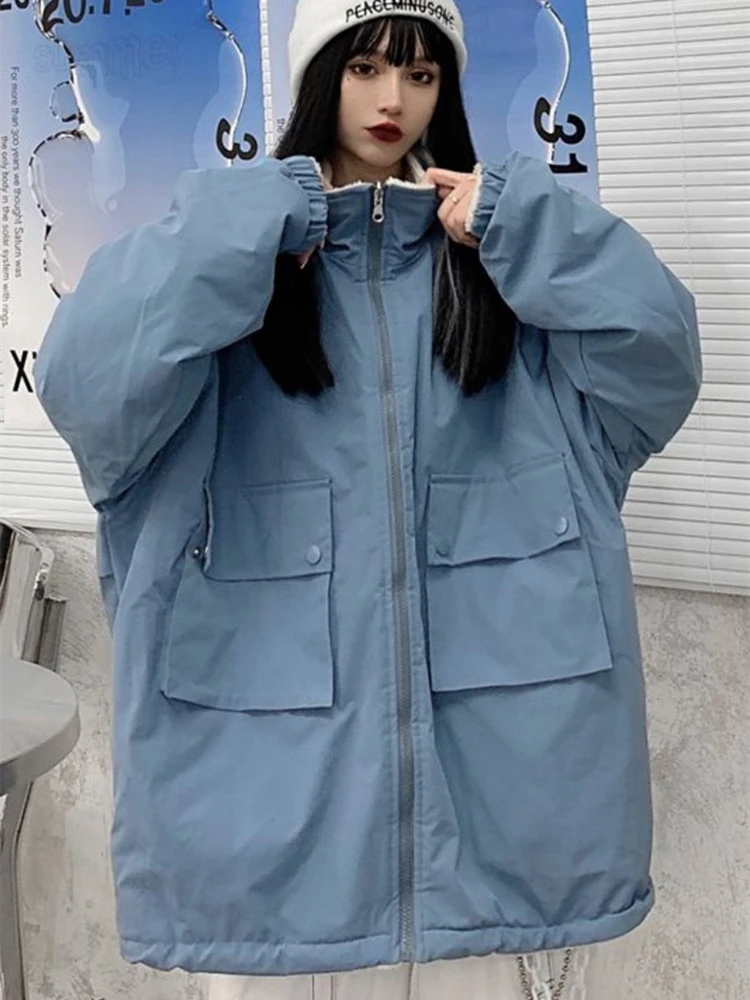 

Lamb Wool Long Coat Women Winter Korean Solid Parka Cashmere Thicken Loose New Cotton Padded Clothes Reversible Clothes