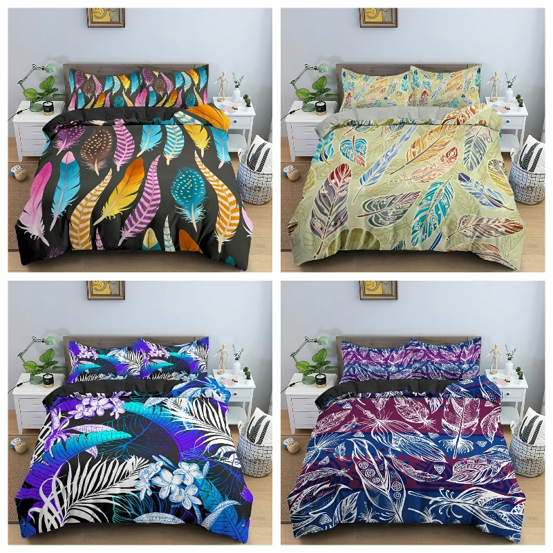 

Muticolor Feather Bedding Sets Bedclothes Duvet Cover with Pillowcase Quilt Cover Single/King/Queen Size for Kids Bedroom Home