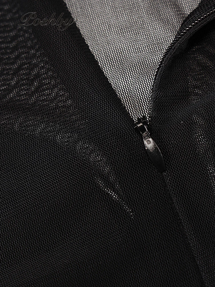 

Poshby Mesh One Piece Jumpsuits PU Patchwork Night Club Long Sleeve See Through Women Sexy Rompers 2021 Autumn Party Overalls