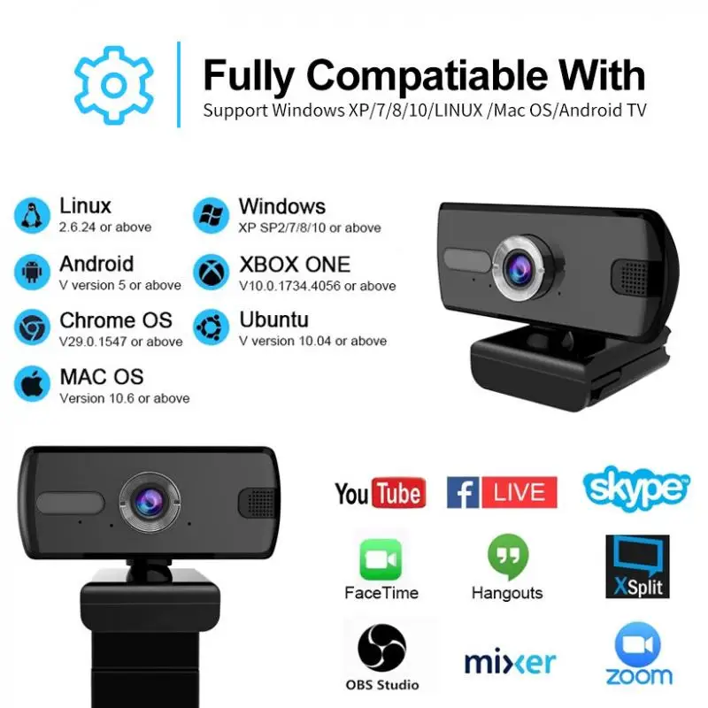 

1080P PC Webcam Web Camera Built-in Stereo Microphone For Live Broadcast Video Calling Manual Focus 360 Webcams USB Camera