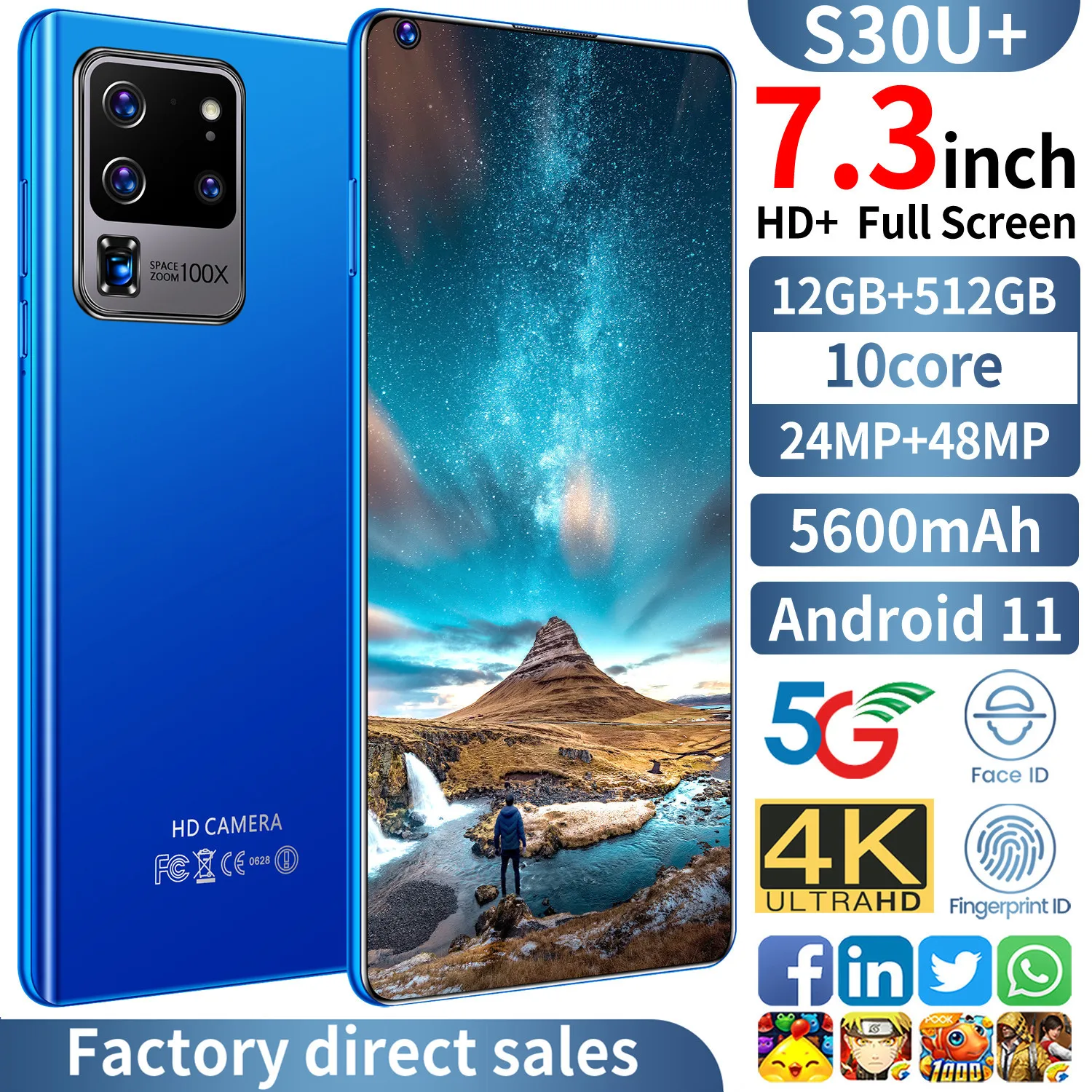 

Newest 2021 Galxy S30U+ 7.3Inch SmartPhone 12 512GB 24+48MP Andriod 11 10 Core 5600mAh Face ID Unlock Global Version Cellphones