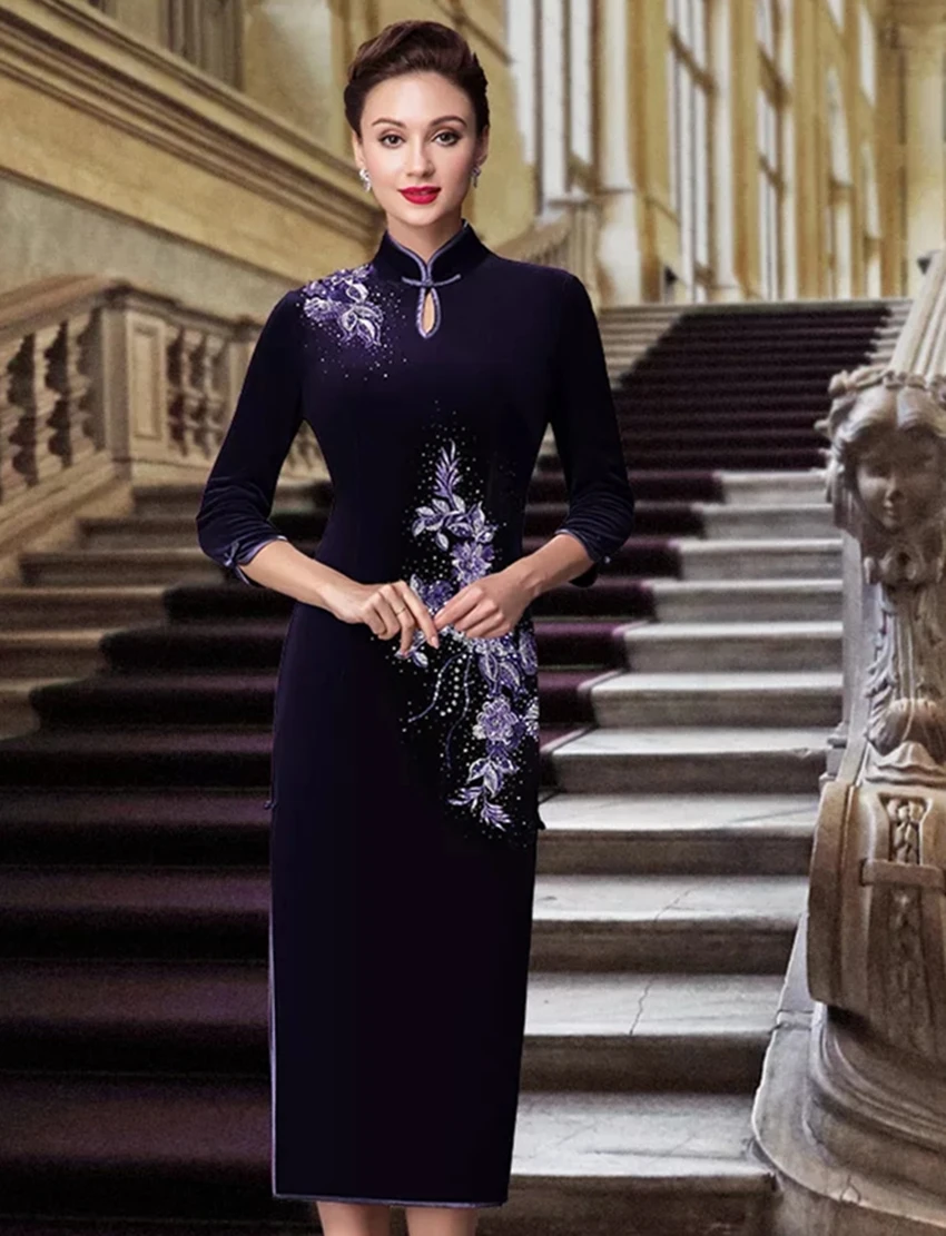 Длинное пальто для девочек бархатное китайское платье с разрезами по бокам и