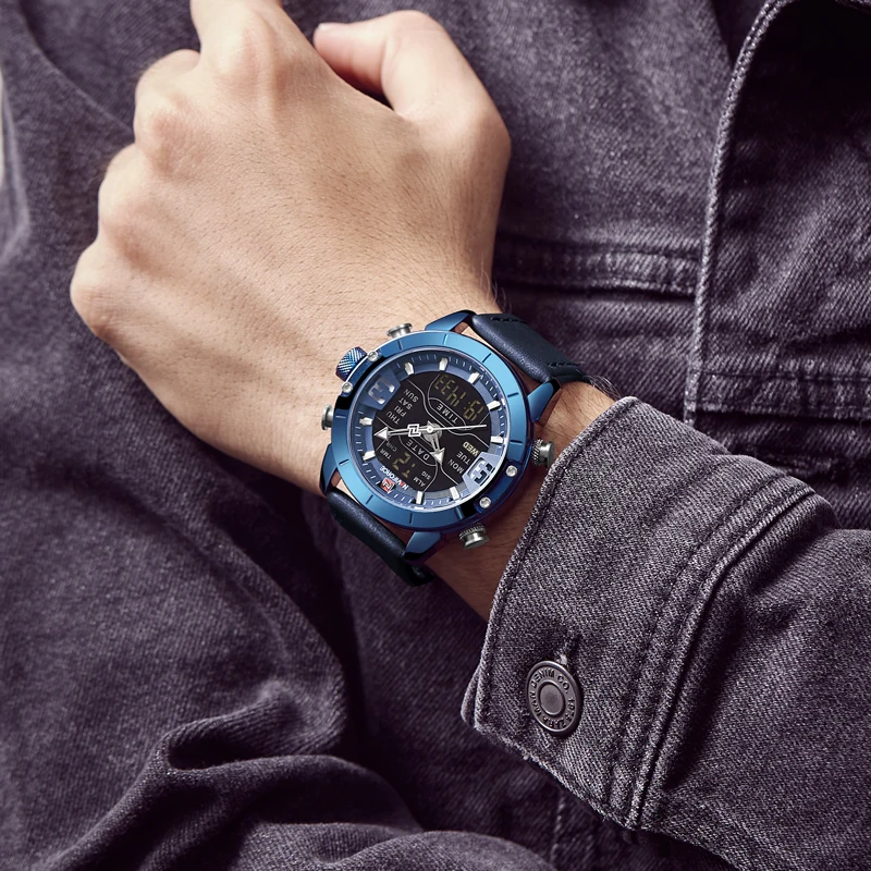 NAVIFORCE мужские часы с двумя дисплеями Лидирующий бренд Модный светодиодный цифровой Роскошные мужские часы кожаные спортивные водонепроницаемые кварцевые наручные часы
