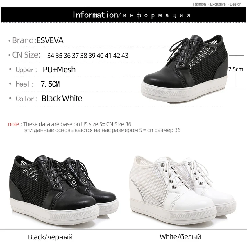

ESVEVA 2020 PU Leather Mesh Women Shoe Casual Round Toe Wedges Sneakers Platform Lace Up Height Increasing Women Pumps Size34-43