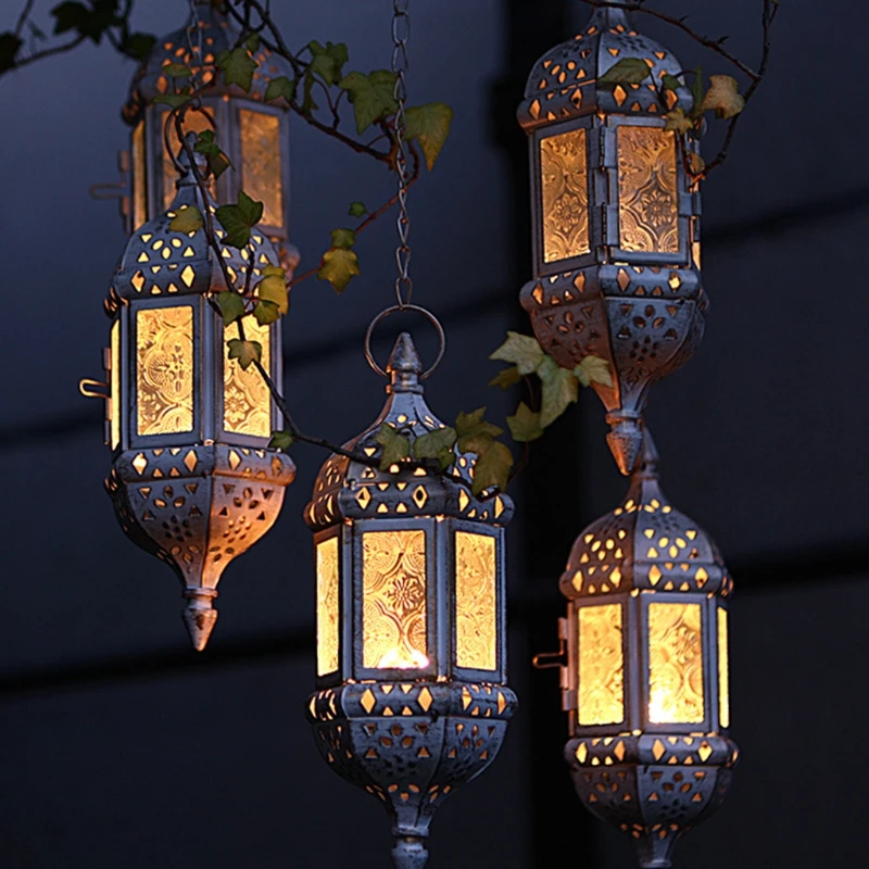

Hanging Candle Lantern Retro Moroccan Candle Holder Hollow Metal Glass Candle Holder Lantern with 15.7" Hanging Chain